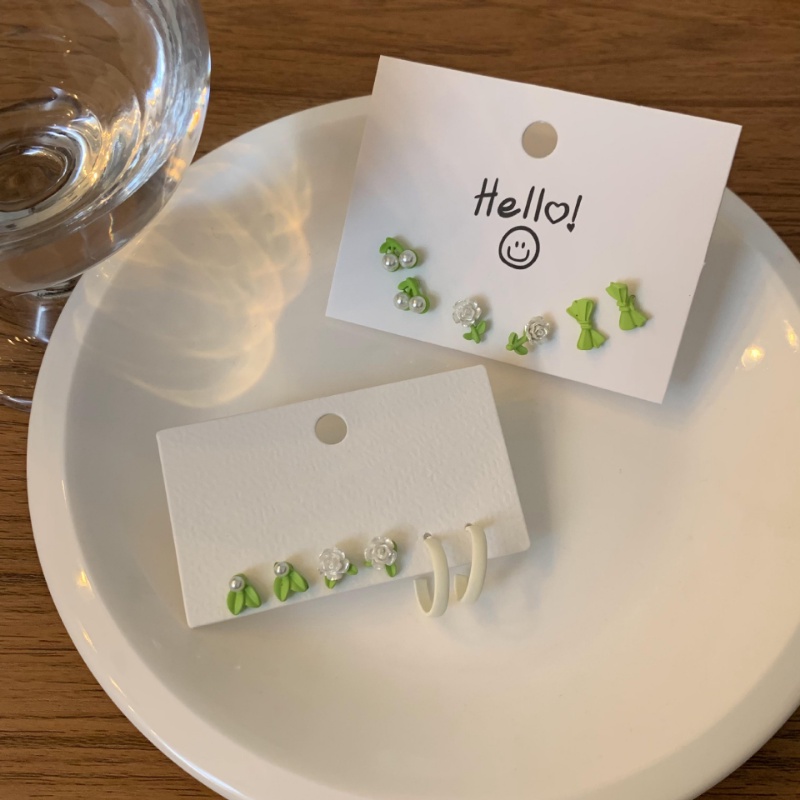 3pasang/set Anting Tusuk Motif Bunga Hijau Musim Panas925 Silver Needle Untuk Wanita