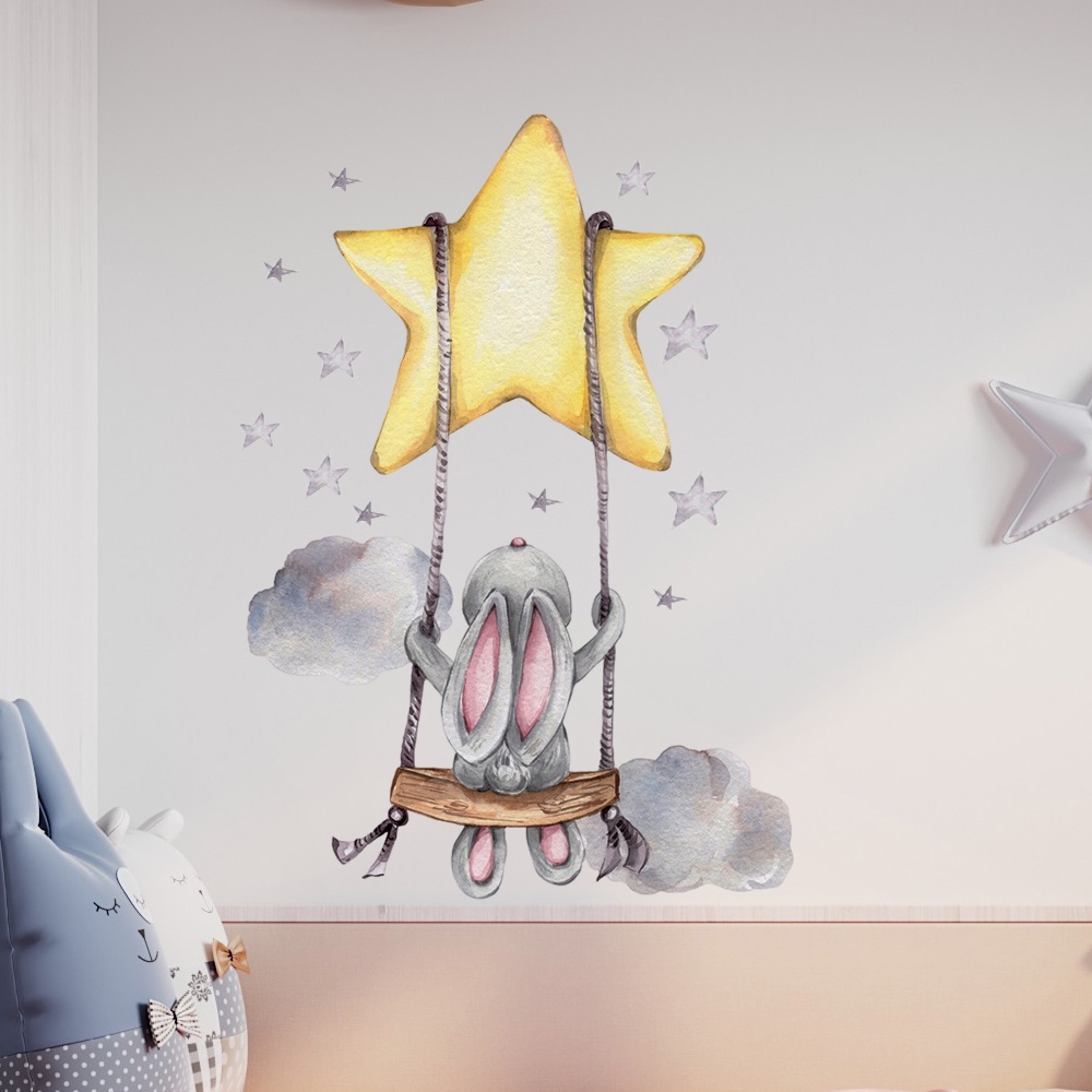 Aksesoris Dekorasi Kamar Anak Perekat Diri 3D Indoor Stiker Dinding Tahan Air Tahan Debu Wallpaper Latar Belakang TV Art Decal Swing Pola Kelinci Aplikasi Dinding