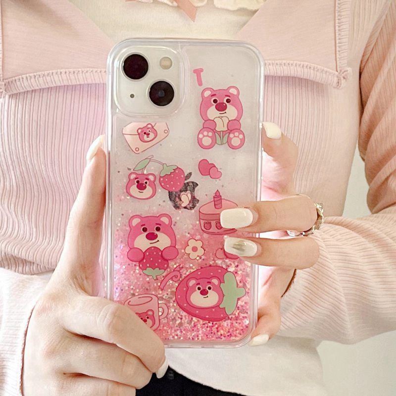 Nice Quicksand Pink Strawberry Bear Girl Woman Soft TPU Case HP iP iPhone 12 13 14 Pro Max 11 FTD Casing Apple