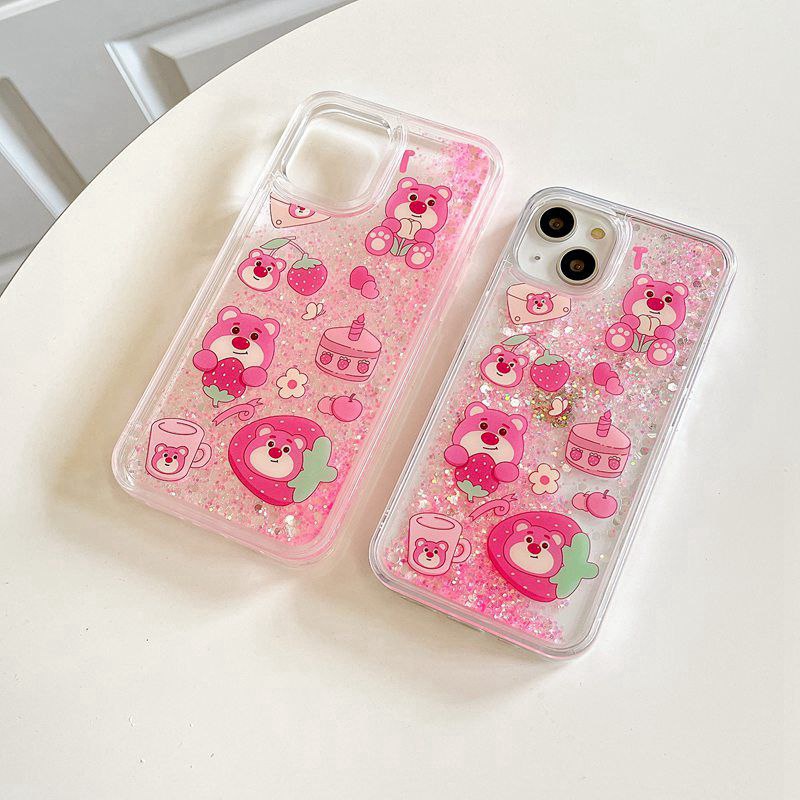 Nice Quicksand Pink Strawberry Bear Girl Woman Soft TPU Case HP iP iPhone 12 13 14 Pro Max 11 FTD Casing Apple