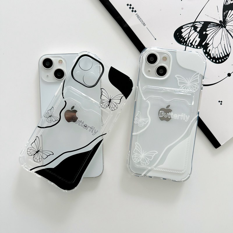 【Card Case】Black White Butterfly Girl Woman Clear Soft TPU Case HP iP iPhone 7 8 14 + Plus SE 2020 X XS XR Max 11 12 13 Pro Max FTD Casing Apple