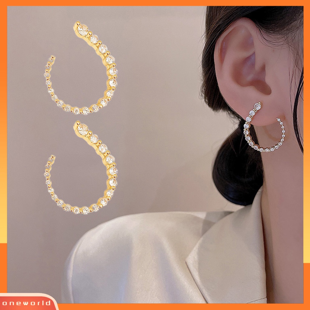 [EONE] 1pasang Anting Pejantan Berbentuk C Geometris Minimalis Elegan Mewah Berkilau Berlian Imitasi Wanita Open Hoop Earrings Fashion Jewelry