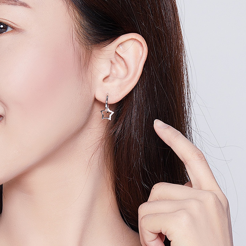 Papaozhu Stylish S925 Perak Zirkon Berkilau Bintang Hoop Anting-Anting Untuk Wanita Perempuan Indah Bersinar Kristal Menjuntai Anting-Anting Perhiasan Telinga Kreatif