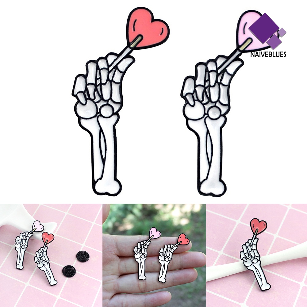 &lt; Naiveblues &gt; Skeleton Hand Bros Pin Kerah Denim Enamel Love Heart Halloween