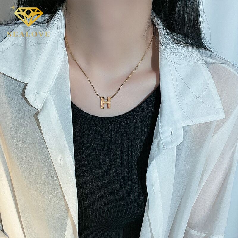 COD Kalung Titanium Wanita Simple Liontin Huruf H Anti Karat Necklace Emas 18k Perhiasan Korea