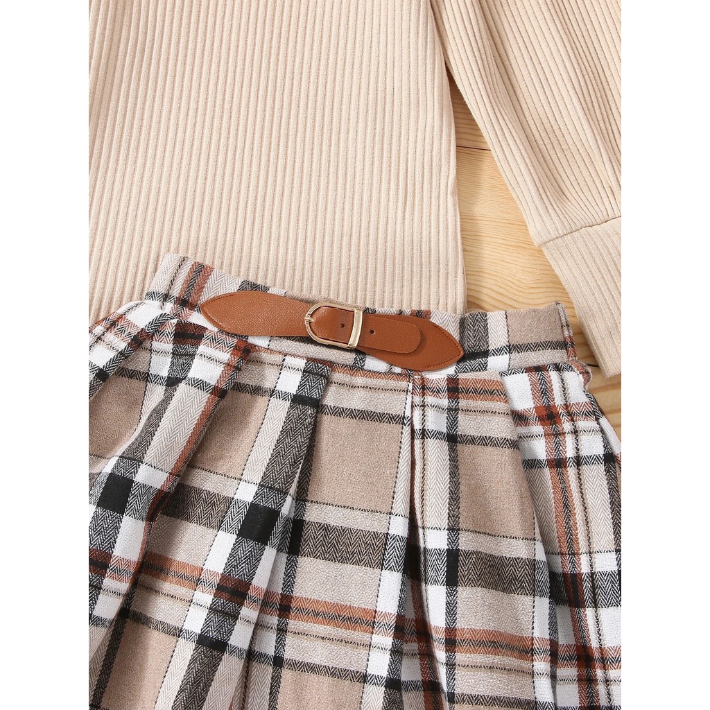 CHUBBI 33 Setelan Set Anak Perempuan Kaos High Neck + Rok Fanel Kotak2 Belt