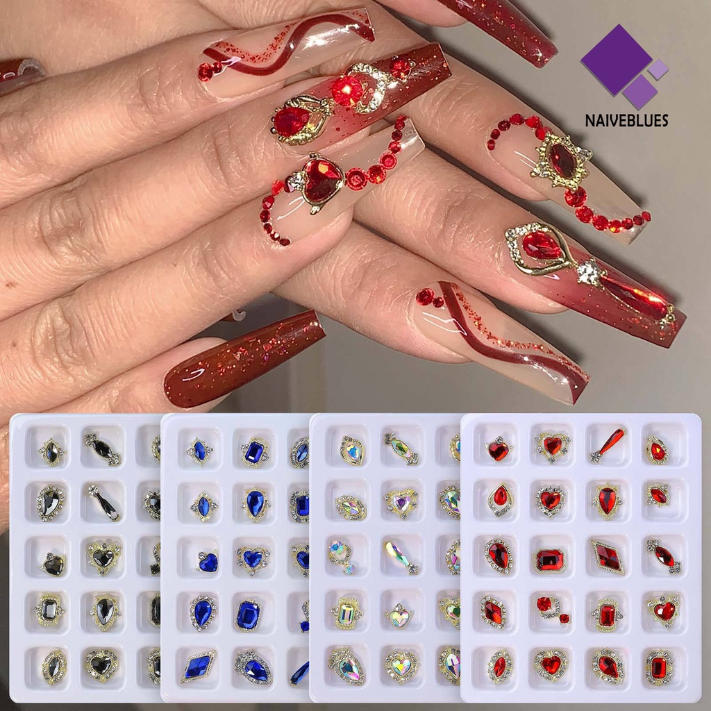 [naiveblues] 20pcs/box Nail Art Decor Tiga Dimensi Bersinar Gloss Berkilau Manicure Berlian Imitasi Alloy Dekor