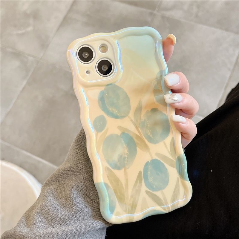 IPHONE Pewarna Bunga Tulip Biru Desain Lukisan Minyak Casing Ponsel Kompatibel Dengan Iphone12 13 14 11 Pro Max X Xs Max Xr Rrdcvm