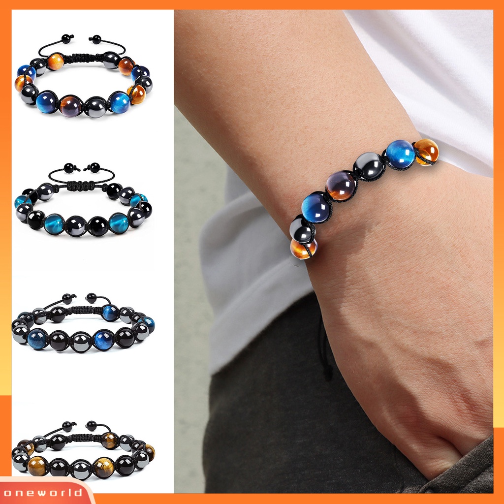 [EONE] Glossy Beads Gelang Adjustable Lace-up Unisex Faux Tiger Eye Healing Bracelet Perlengkapan Pesta