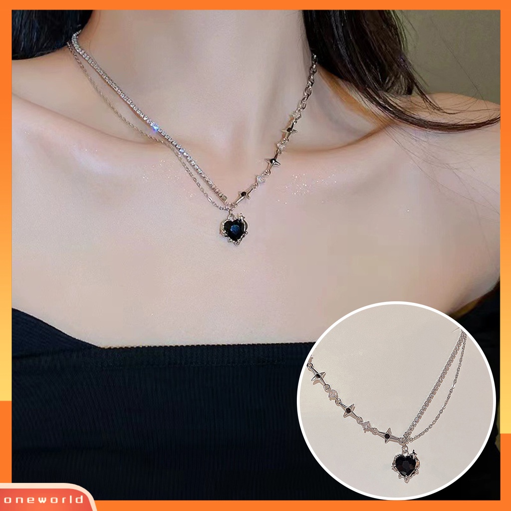 [EONE] Wanita Kalung Dengan Liontin Hati Hitam Shiny Cubic Zirconia Hias Bintang Punk Asimetris Klavikula Kalung Fashion Perhiasan