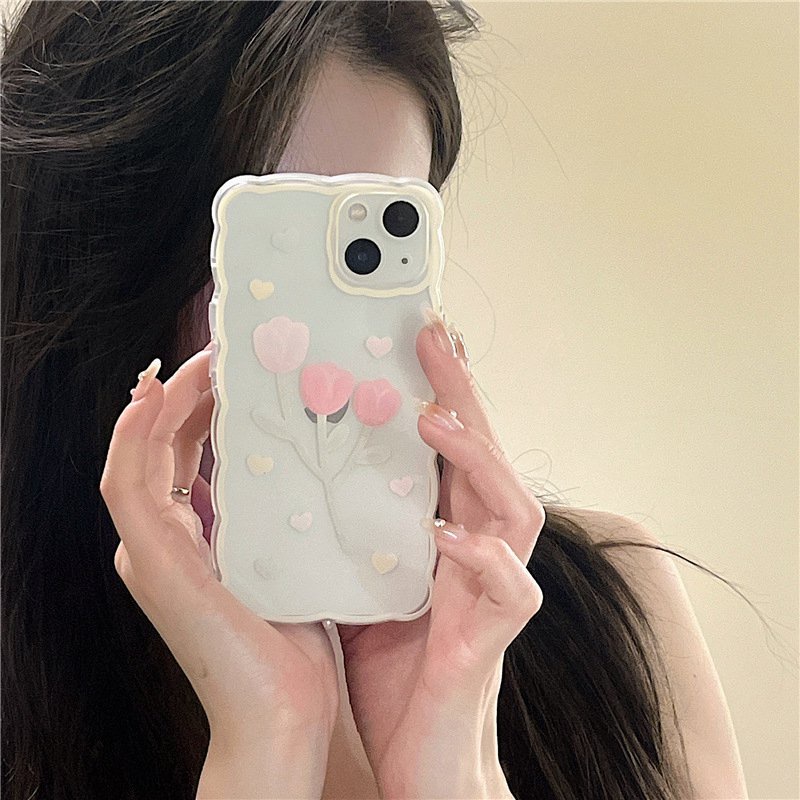 【INS Wave】Pink Tulip Love Soft TPU Case HP iP iPhone 11 12 13 14 Pro Max 7 8 + Plus SE 2020 X XS XR Max Girl Woman Clear FTD Casing Apple