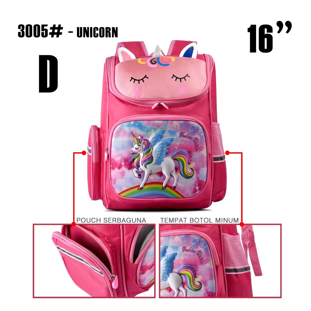 (RF) Tas Ransel Anak Unicorn 3D Cartoon 3005 16 Inch SD Tas Sekolah Timbul Double Decker Import Ransel Perempuan Tas Anak Cewek