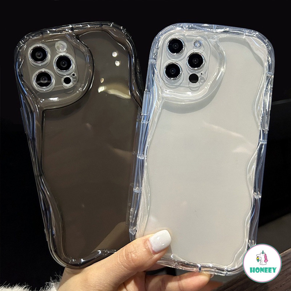 IPHONE Fashion Oval Curly Wavy Lensa Phone Case Untuk Iphone11 12 13 14 Pro Max XR XS Max Simple Bening Silikon Shockproof Lembut Penutup Belakang