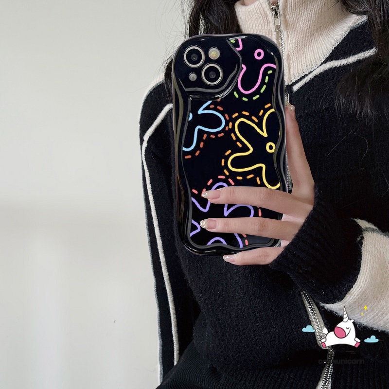 Casing Ponsel Glossy Tahan Guncangan Kompatibel Untuk iPhone 11 Pro Max XR X7 8 6s 6 Plus 14 12 13 Pro Max XS Max SE 2020 Fashion Garis Sederhana Bunga 3D Wavy Curved Edge Soft Flowers Cover