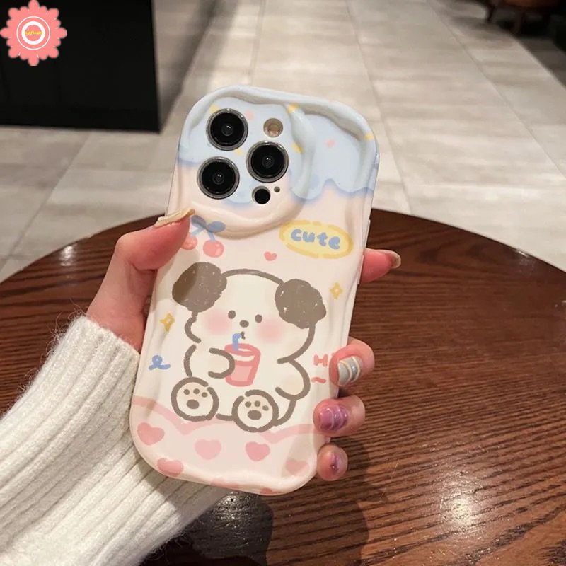 IPHONE Kartun Lucu Ice Cream Cherry Puppy Case Kompatibel Untuk Iphone11 14 13 12 Pro Max XR 7Plus 6s 6 7 8 Plus X XS Max SE 2020 3D Wavy Curved Edge Glossy Shockproof Airbag Soft Cover