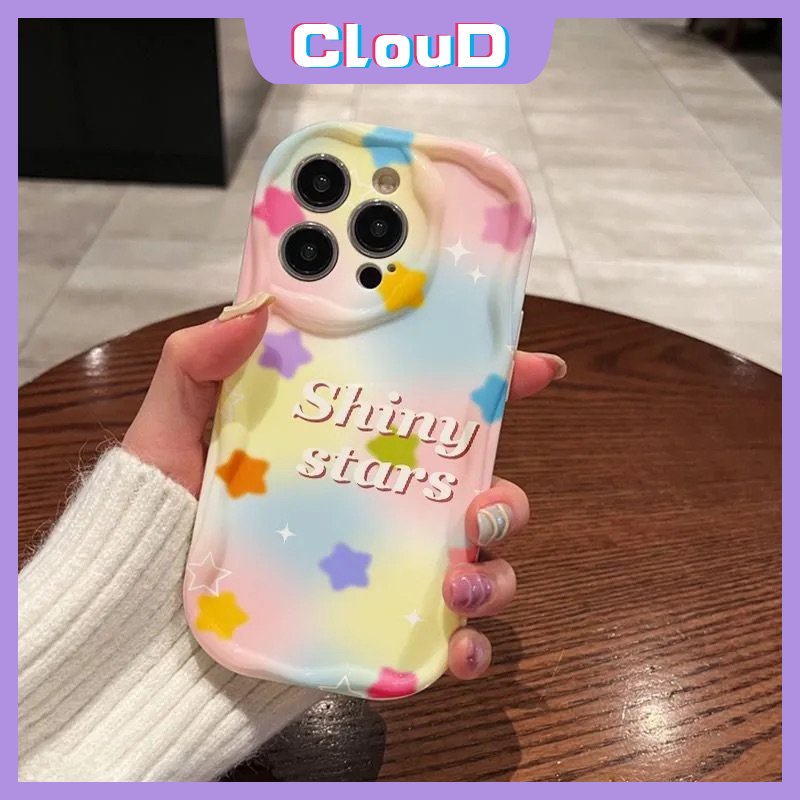 IPHONE Casing Kompatibel Untuk Iphone11 13 14 12 Pro Max 7Plus X XR 6s 6 7 8 Plus XS Max SE 2020 Gradasi Fantasi Bintang Mengkilap Huruf 3D Bergelombang Tepi Melengkung Glossy Shockproof Tpu Soft Case