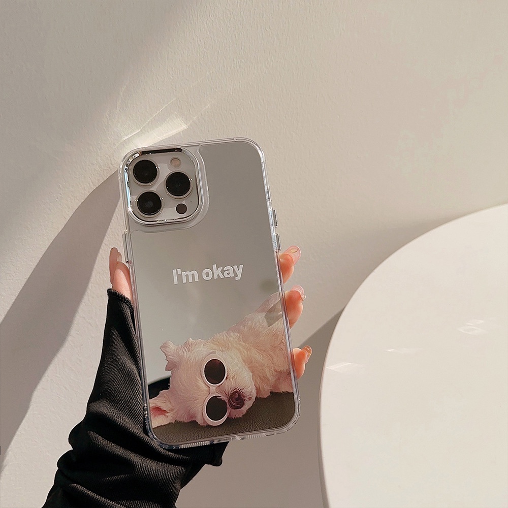 IPHONE I AM OKAY Lazy Laying Puppy Dog Dengan Kacamata Hitam Telepon Musim Panas Mirror Case Electroplated Camera Frame Cover Untuk Iphone11 12 13 14 PLUS PRO MAX