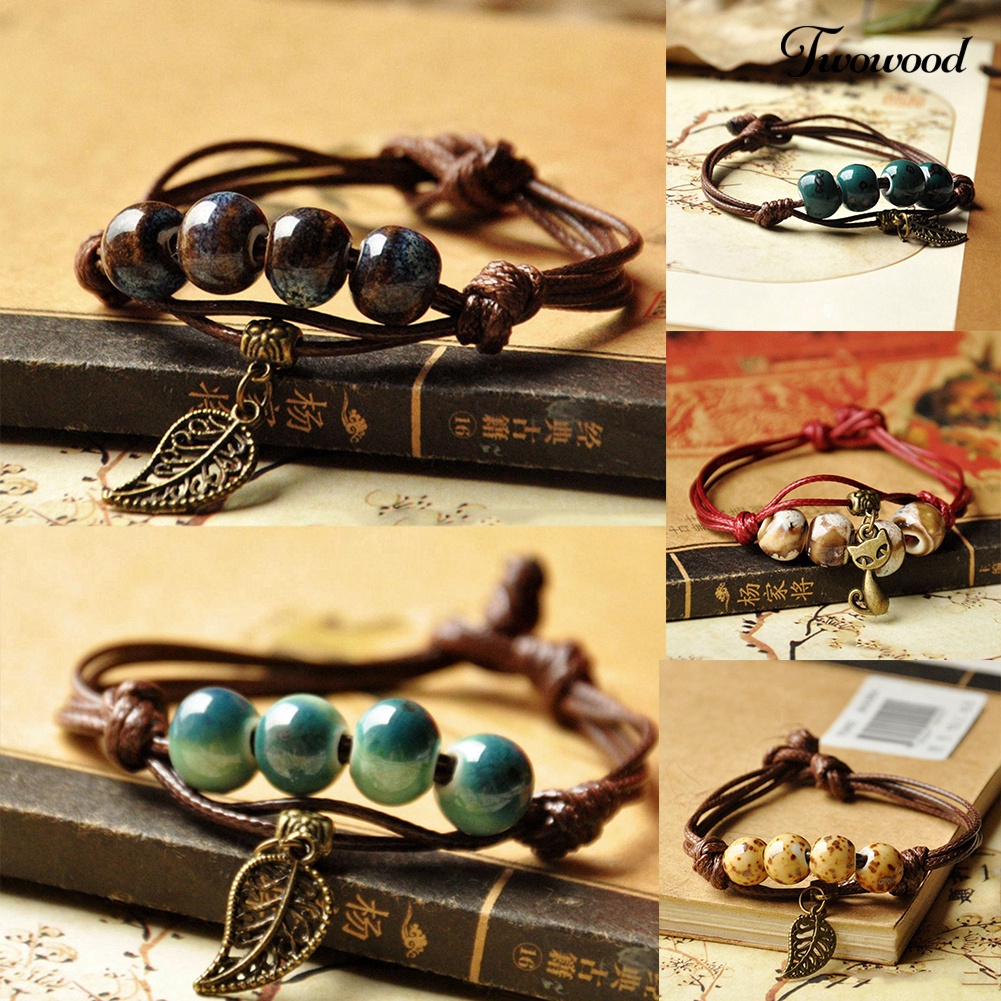 Twowood Etnik Daun Kucing Pesona Keramik Manik-Manik Gelang Wanita Handwoven Perhiasan Hadiah