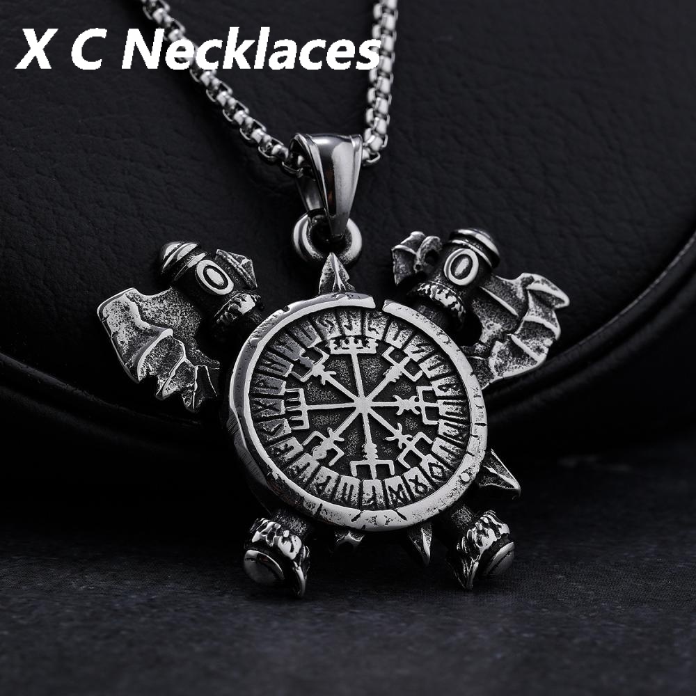 [X C Kalung] New Nordic Viking Odin Kapak Baja Titanium Pria Liontin Kalung Rune Perisai Heavy Duty Pendant