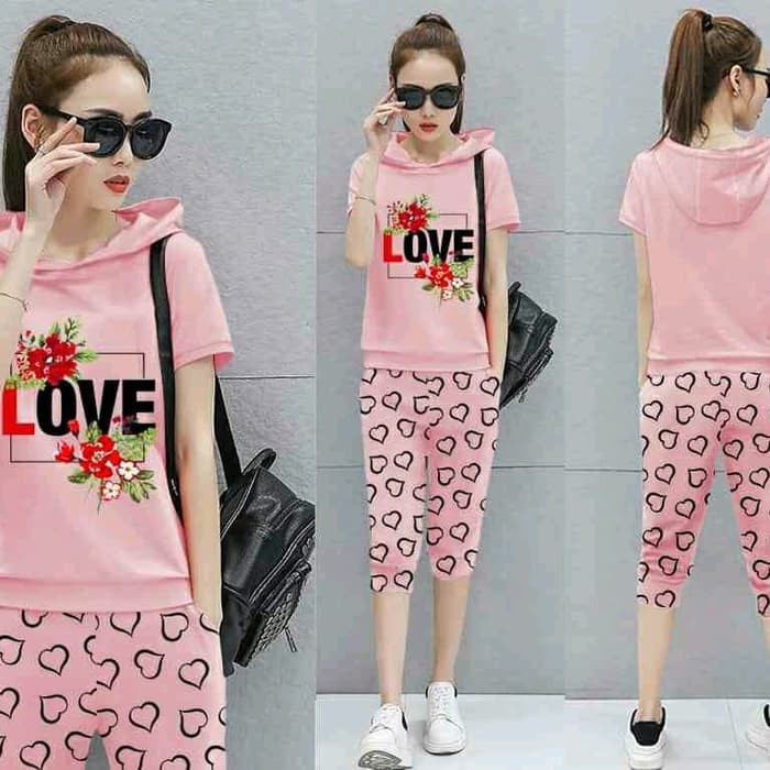 BAJU WANITA SETELAN CELANA HOODIE LOVE BUNGA LADIES