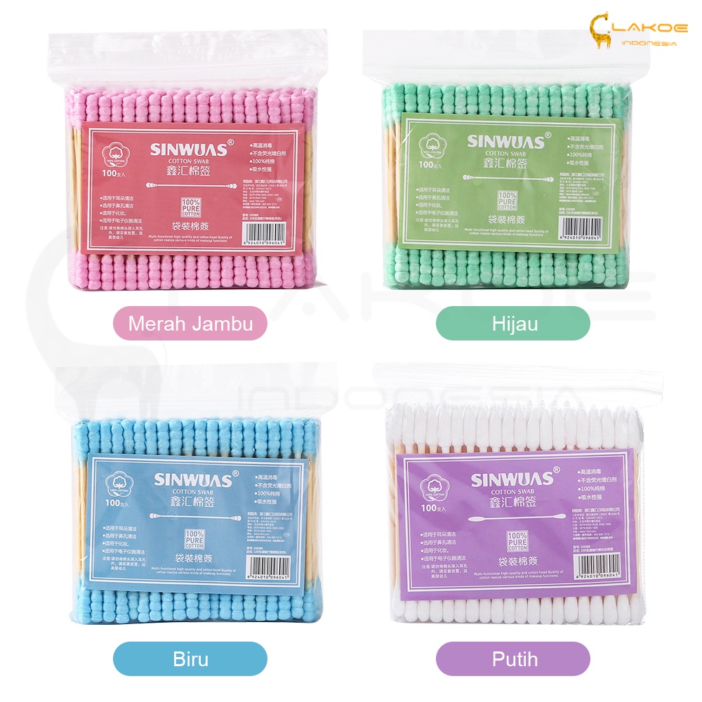 Lakoe 100Pcs Cotton Bud/Cotton Swabs Pack Baby Thin Cotton Bud Berwarna Ganda-Spiral Ujung Kapas/Cotton Swab