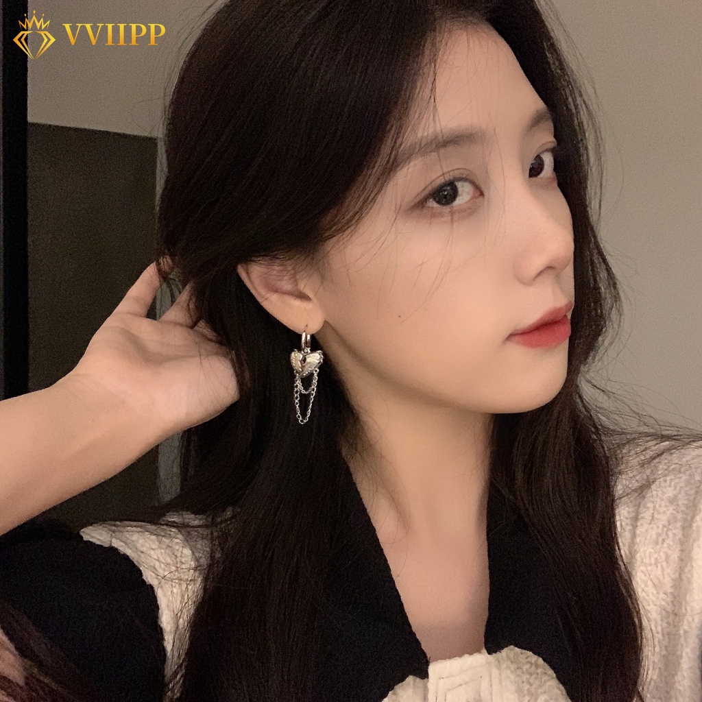 Anting Hoop Hati Korea Untuk Wanita Rantai Perak Rumbai Earrings Aksesoris Perhiasan