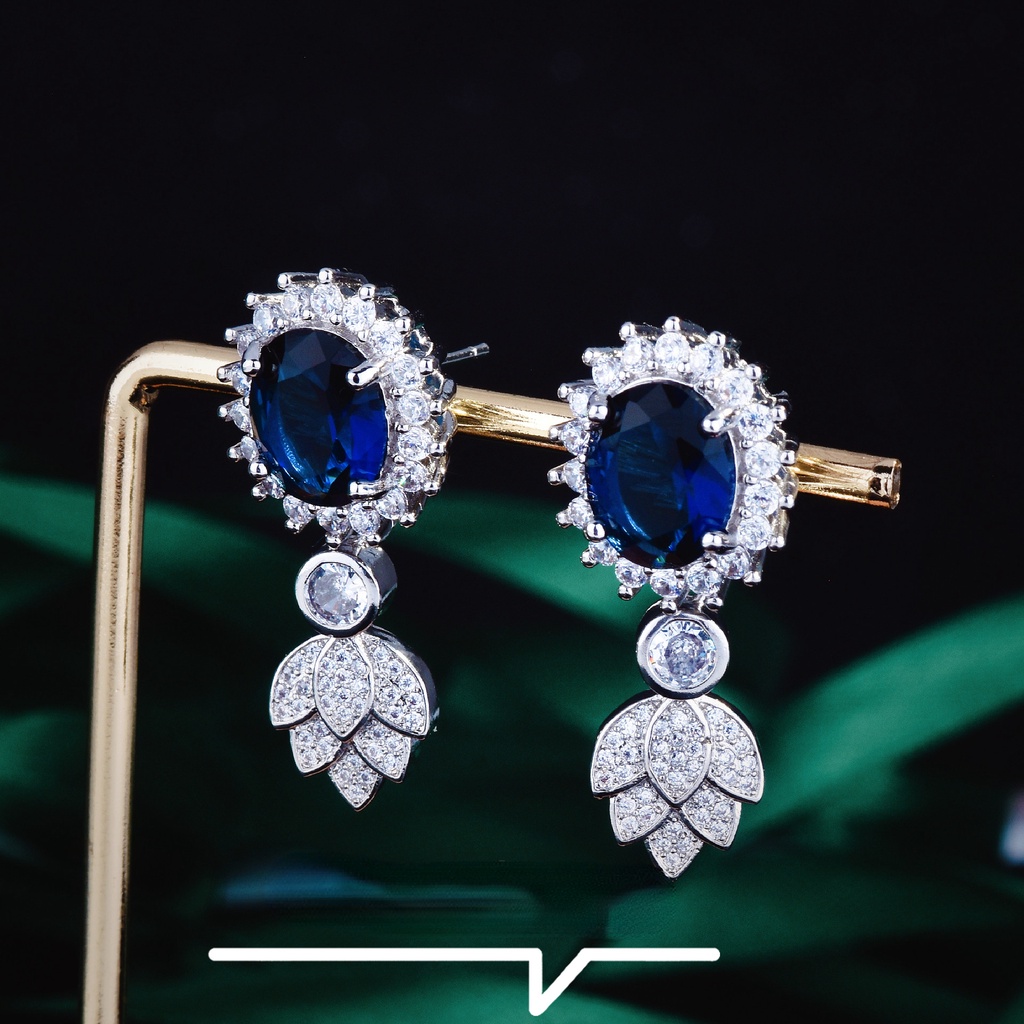 Goldkingdom Aksesoris Perhiasan Fashion Ready Stock Anting Safir Penuh Berlian Srilanka Royal Blue Diamond Anting Panjang