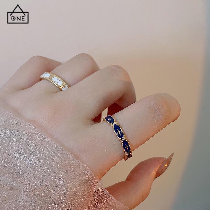 COD❤️Cincin Wanita Gold Gaya Korea disesuaikan Glasir Biru Salib Pola Enamel Untuk Unisex-A.one