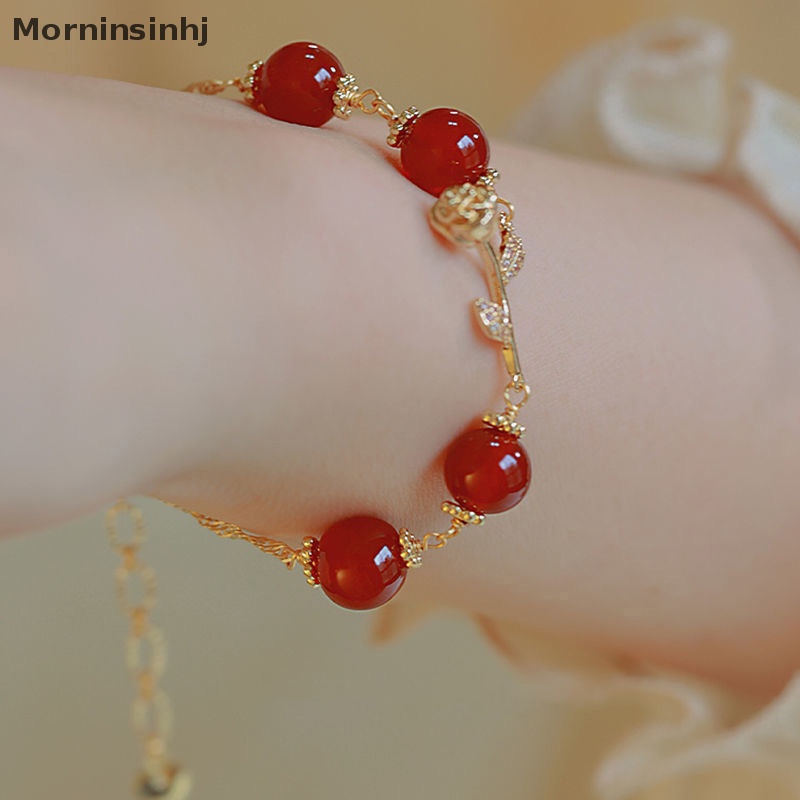 Mornin Golden Rose Natural Red Agate Round Beads Adjustable Gelang Wanita Ornamen Gaya Lembut Perhiasan Halus Hadiah id