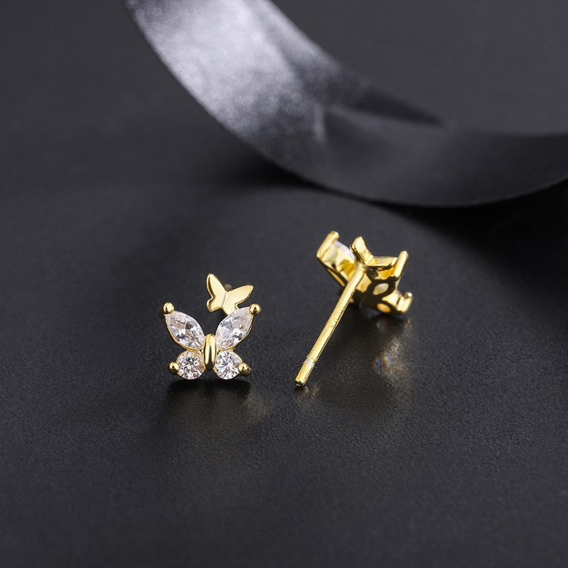 1pasang Mewah Elegan Zirkon Kristal Kupu-Kupu Telinga Giwang Perak Rose Gold Baja Titanium Wanita Fashion Perhiasan Aksesoris Stud Earrings