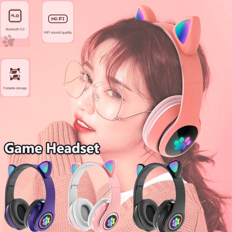 Kucing Karakter LED Color Headset Gaming Bluetooth Wireless Game Headset