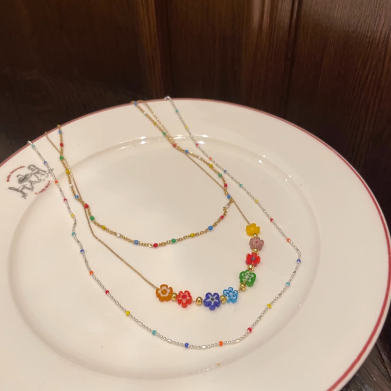 Kami Bunga Korea IU Gaya s925 Perak Warna-Warni Bunga Pelangi Manik-Manik Choker Kalung Untuk Wanita Perempuan Musim Panas Trendi Pantai Liburan Kalung Perhiasan Aksesoris