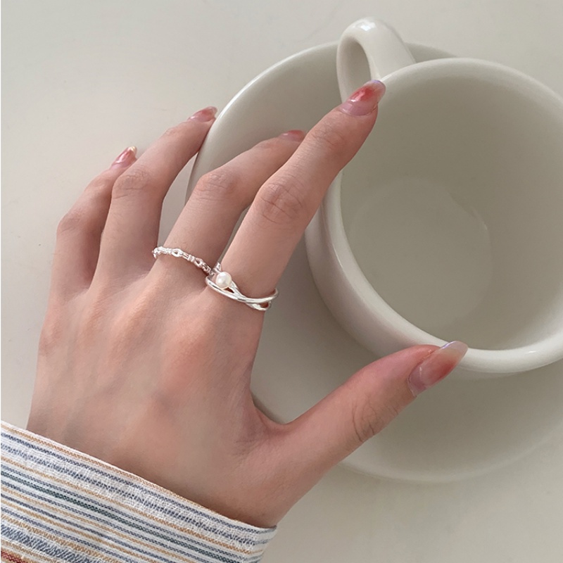 Kami Bunga Korea Trendi s925 Perak Cross Mutiara Cincin Untuk Wanita Gadis Elegan Geometris Berongga Simpul Rings Fashion Jari Perhiasan Aksesoris