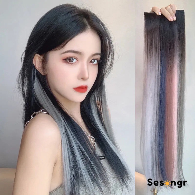 Wig Rambut Palsu Lurus Harian Panjang Warna Gradien Wanita One Piece Wig Sorot Ekstensi Rambut - SG