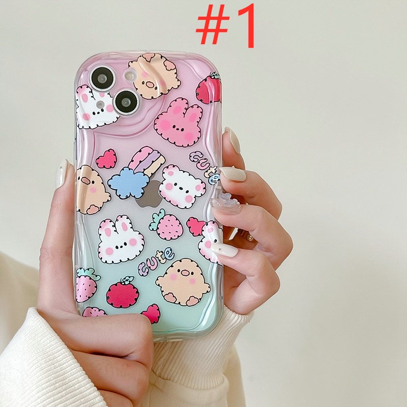 Cute Strawberry Bunny Flower Smile Gelombang Bening Soft Case HP iP iPhone X XS XR 11 12 13 14 Pro Max Woman Girl FTD Casing Apple