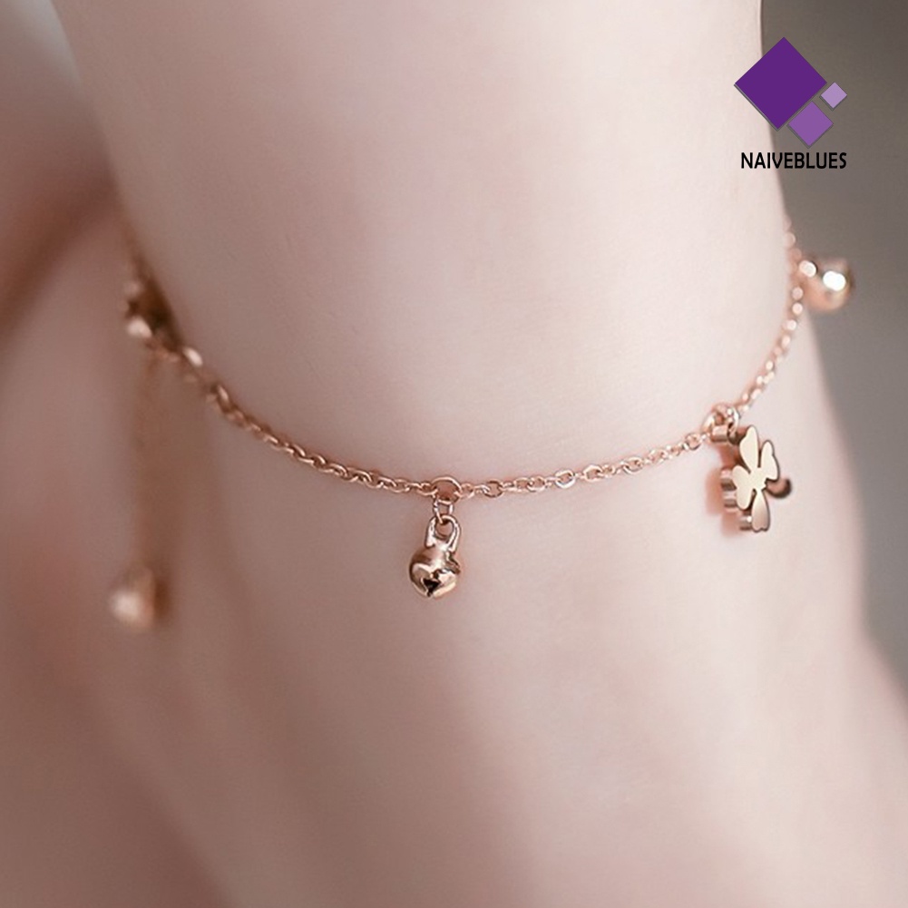 &lt; Naiveblues &gt; Lucky Clover Bells Charm Anklet Kaki Rantai Wanita Musim Panas Ankle Bracelet