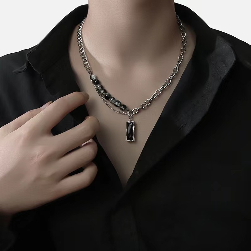 Kalung Safir Hitam Bahan Titanium Steel Hip Hop Untuk Pria Dan Wanita