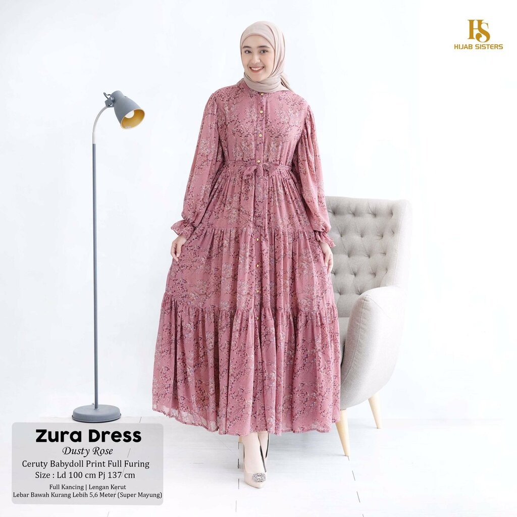 ZURA Dress ORI HIJAB SISTER - Gamis Terbaru Ceruty Babydoll Print Full Furing Bunga-Bunga LD 100