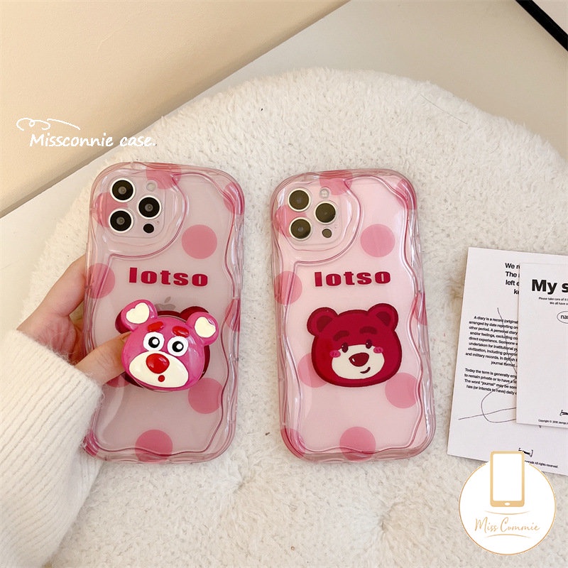 Cute Cover Kompatibel Untuk IPhone 7Plus XR 14 11 12 13 Pro Max X 7 8 6s 6 Plus XS Max SE 2020 3D Titik Gelombang Kartun Beruang Strawberry Wavy Curved Edge Glossy Shockproof Shell