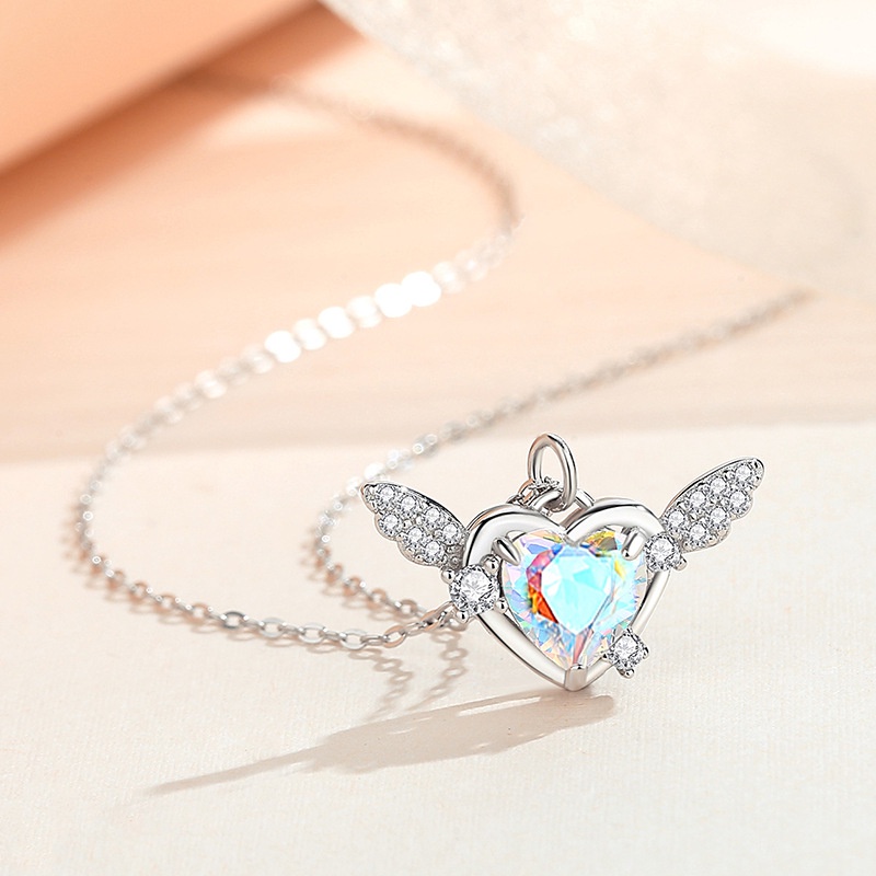 Cupid Jantung Kalung Perempuan Sterling Silver Cahaya Mewah ins Warna-Warni Zirkon Jantung Klavikula Rantai Sayap Kalung Perhiasan