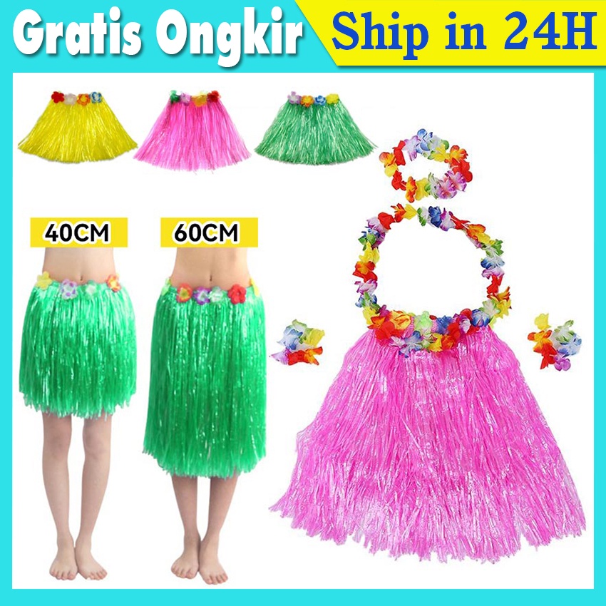 Set Hawai Pesta  Rok Hula Hawai Aksesoris Mahkota Gelang Kalung Bunga Hawai dan Hawaiian Rok Rumbai 
