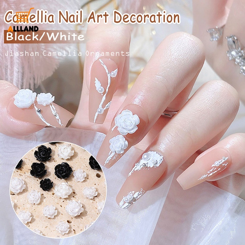 50pcs Pesona Kuku Camelia Hitam Putih/Hiasan Nail Art Resin Bunga 3D/aksesoris DIY Manicure Glitter Stone