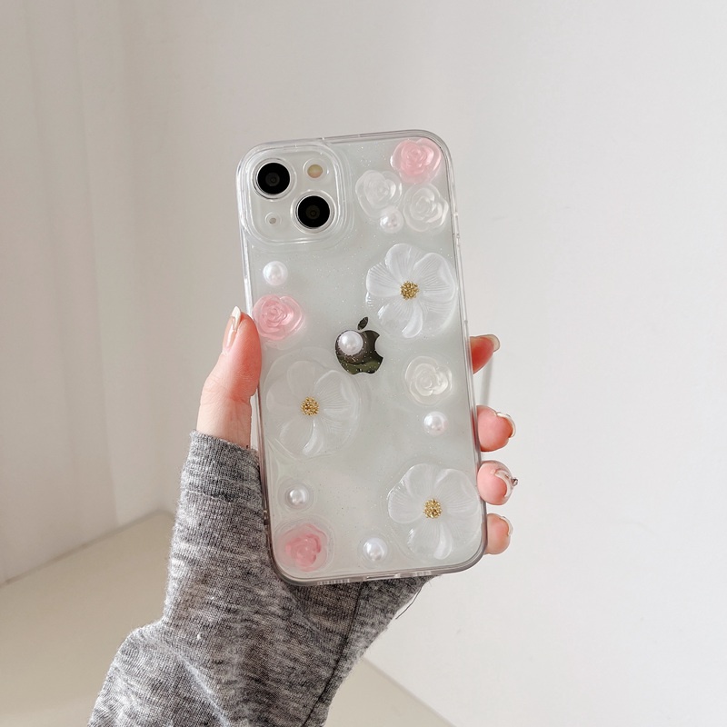 【Crystal resin】3D So Pretty Pink Pearl Flower Soft Case IPhone 7 8 Plus XR XS Max 11 12 13 14 Pro Max 14 Plus for Women Girl Gift