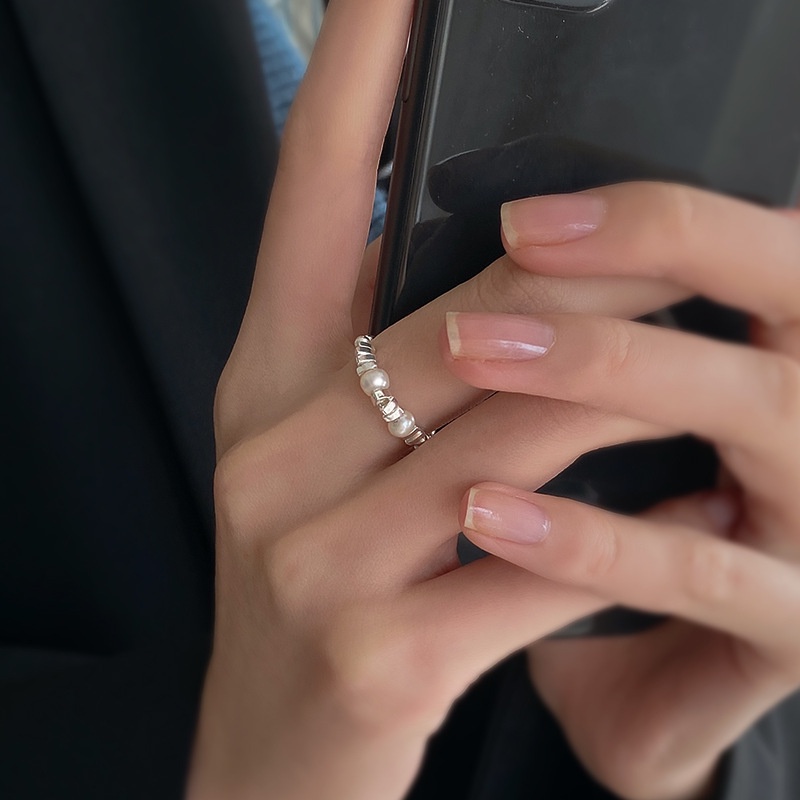 Cincin Perak Untuk Wanita Fahsion Blok Logam Mutiara Manik-Manik Rings Indah Aksesoris Perhiasan