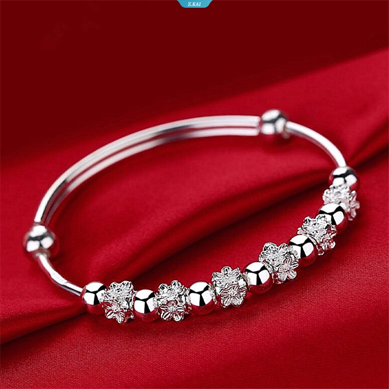Asli S925 Sterling Silver Kristal Vintage Plum Blossom Bunga Gelang Bangle Untuk Wanita Gadis Lady Pernikahan Hadiah Ulang Tahun [ZK]