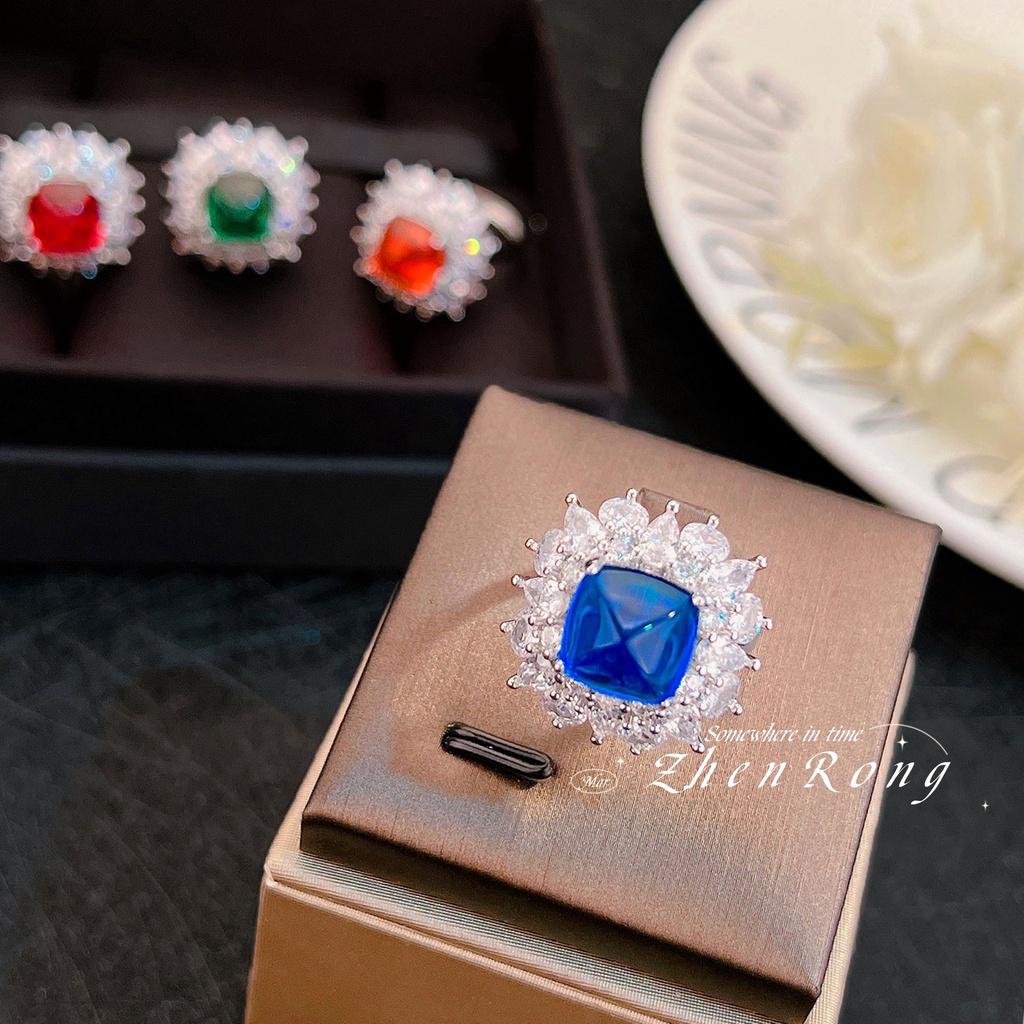 Goldkingdom Aksesoris Perhiasan Fashion Ready Stock Zamrud Cincin Cahaya Mewah Retro Warna-Warni Set Anting Liontin Kalung