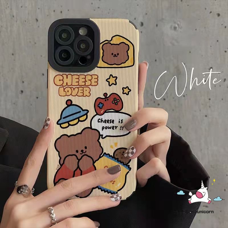 IPHONE Kartun Beruang Soft Phone Case Kompatibel Untuk Iphone11 13 14 7Plus XR 12 Pro MAX X 7 8 Plus XS MAX Fashion Rajut Pola Garis Briket Lucu Mewah Tekstur Kulit Cover