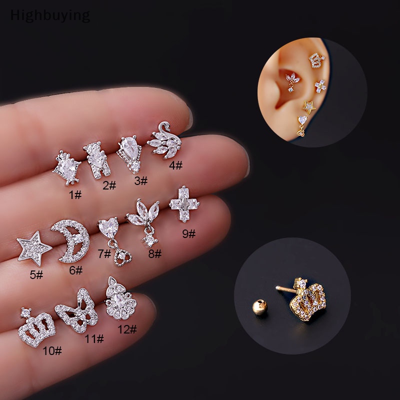 Hbid Anting Tusuk Mahkota Salib Kupu-Kupu Bulan Stainless Steel Untuk Wanita Cartilage Glory