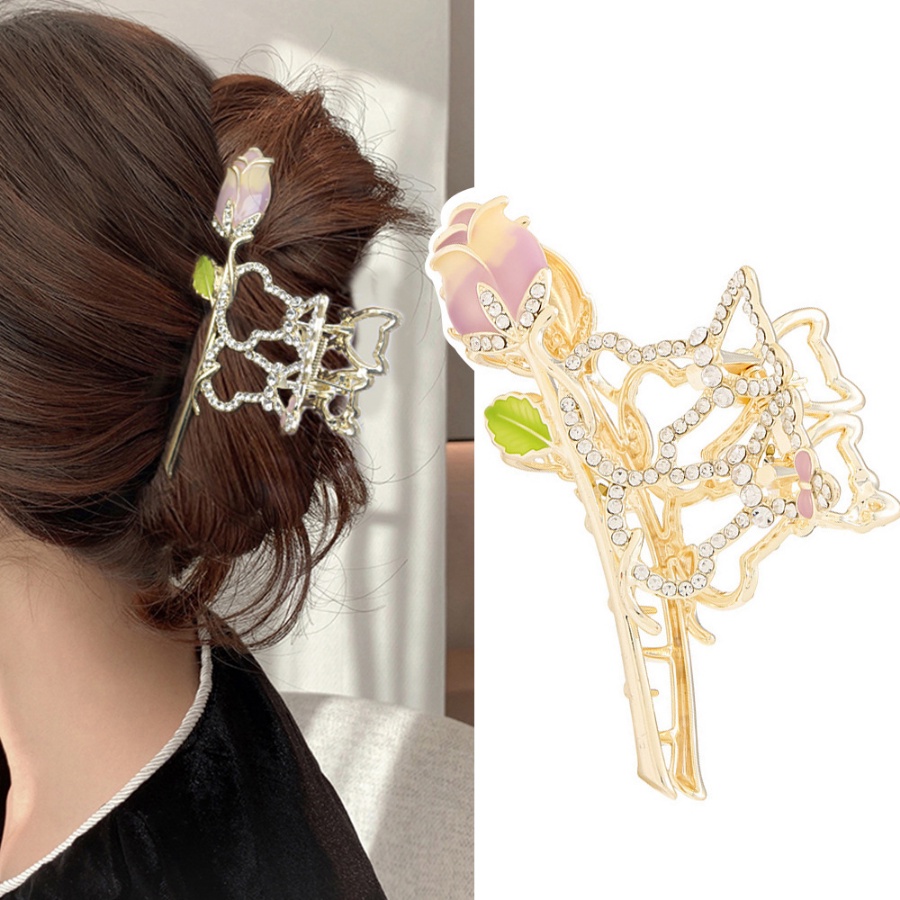 Alloy Rose Cat Berlian Imitasi Rambut Klip Wanita Kristal Rambut Claw Hairpin Aksesoris Rambut