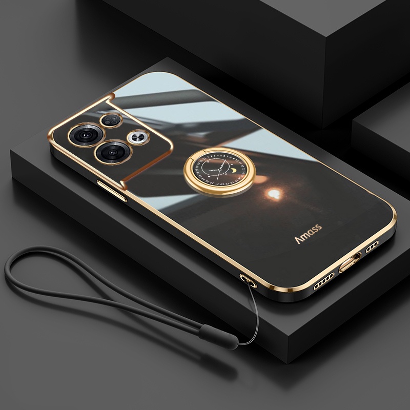 Andyh Casing Ponsel Silikon Ultra Tipis Untuk OPPO Reno 8 Pro+ Reno8 5G Deluxe Fall Protection Gold Band Dengan Cincin Jam Dan Lanyard Gratis